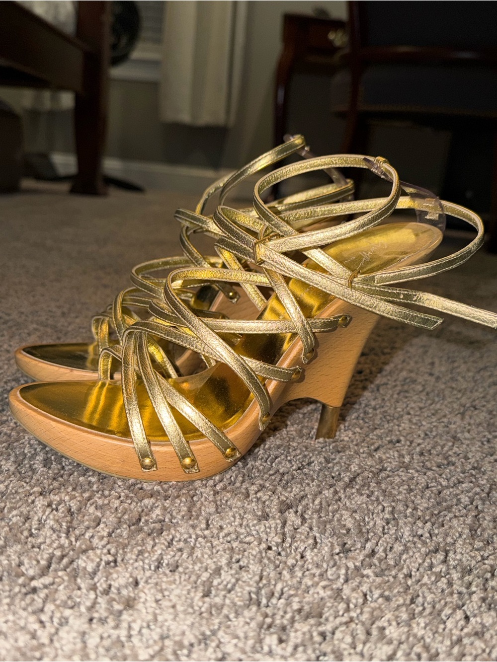 Giuseppe Zanotti Gold Leather Strappy Wood Wedge Sandals Vintage - Picture 3 of 5